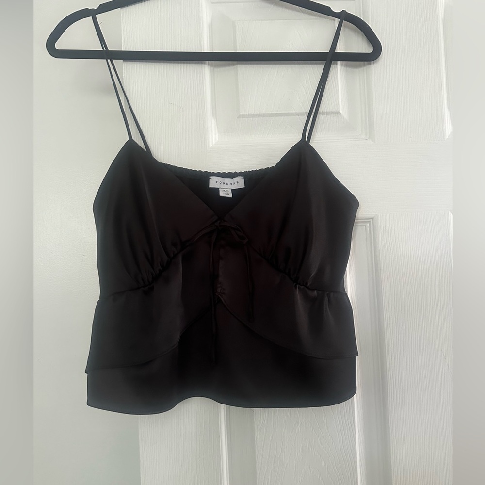 Top shop, black cropped silk tank top, with a tie in front